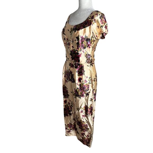 Vintage 50s Jeanette Alexander Of California Floral Satin Dress Small Cream Zip - Picture 5 of 11